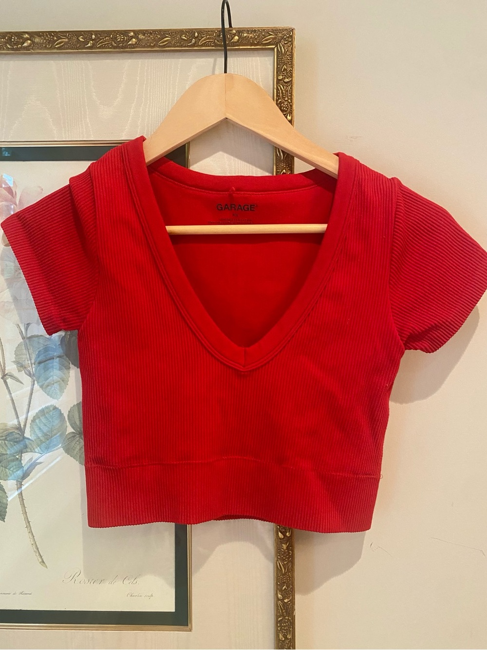 Garage Red Ribbed V-Neck Crop Tee - no pulling